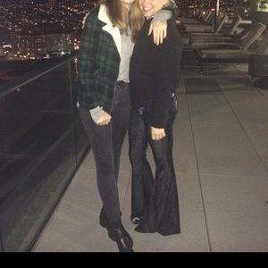 ight dark blue velour stretch pants.